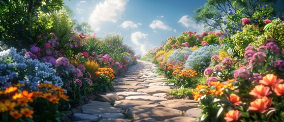 Photorealistic garden path lined with vibrant, colorful flowers in Eden, bathed in natural light ,super realistic,clean sharp focus - obrazy, fototapety, plakaty