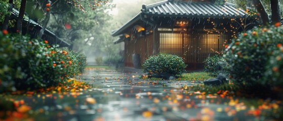 Photorealistic image of a vibrant, random garden in Japan during the monsoon season, natural lighting ,super realistic,clean sharp focus - obrazy, fototapety, plakaty