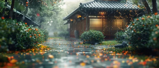 Fotobehang Photorealistic image of a vibrant, random garden in Japan during the monsoon season, natural lighting ,super realistic,clean sharp focus © Oranuch