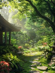 Vibrant, photorealistic summer garden scene in Japan, lush greenery, natural sunlight ,ultra HD,clean sharp focus