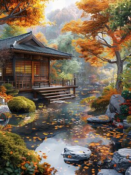Photorealistic image of a serene Japanese garden in early fall, vibrant colors, bathed in natural light ,super realistic,clean sharp focus