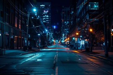 A deserted city at night, illuminated only by the soft glow of streetlights and the faint twinkle of stars in the darkened sky, evoking a sense of eerie tranquility, Generative AI