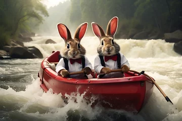 Foto auf Alu-Dibond Rabbits in boat on wild river. Happy easter concept © ASGraphics