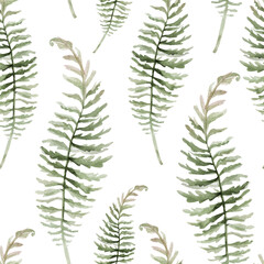 Seamless watercolor pattern with white flowers, berries, fern and leaves. Botanical illustration background fabric