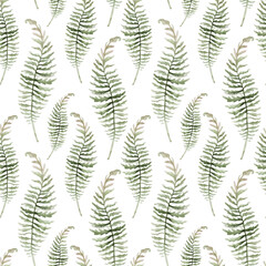 Seamless watercolor pattern with white flowers, berries, fern and leaves. Botanical illustration background fabric - 772757025