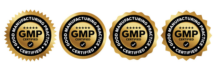 GMP Certified logo. Good Manufacturing Practice Certified Set Badge, Stamp, Icon, Seal, Label, Tag, Emblem For CBD Label Oil and Packaging Design. Vector Illustration