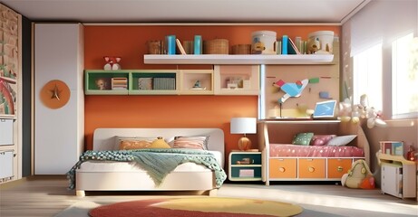 cozy children room interior, home mockup,3d render