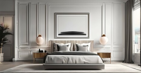 Mockup poster frame in white luxury bedroom interior , 3d render.