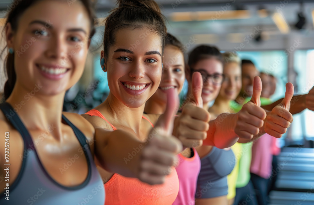 Sticker A smiling group of people in the gym doing thumbs up, wearing sports , looking at the camera