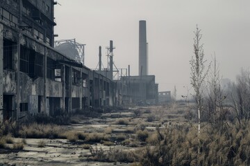 A deserted industrial district with abandoned factories, warehouses, and smokestacks, standing silent and still against the backdrop of a desolate urban wasteland, Generative AI