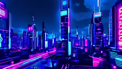 Futuristic city of skyline illuminated buildings with neon lights and hologram. Ai Illustration