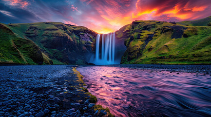 A stunning landscape photograph of the breathtaking waterfall at Sunset in Iceland - obrazy, fototapety, plakaty