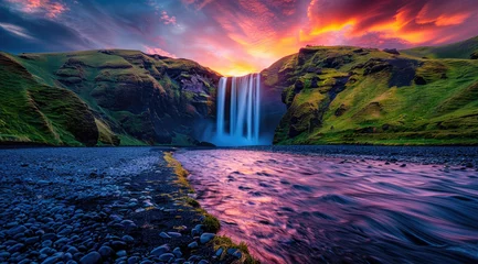 Raamstickers A stunning landscape photograph of the breathtaking waterfall at Sunset in Iceland © Kien