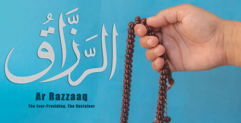 Hand of Muslim woman holding prayer beads, 99 Names of God, Muslim woman praying Name Of Allah Ar...
