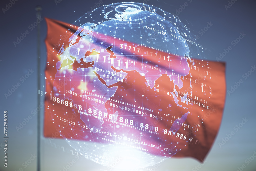Poster multi exposure of abstract programming language hologram and world map on flag of china and blue sky