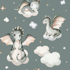 Cartoon cute kids sleeping Dragon seamless pattern, childish background