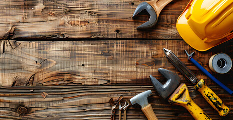 background composed of work and construction tools on a wooden surface top view, hobby and craft concept - Powered by Adobe