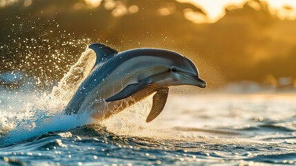 A playful dolphin leaping out of crystal blue waters onto a sandy beach, Generative ai