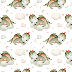 Cartoon 2024 New Year's card Dragon seamless pattern, happy new year and christmas childish background