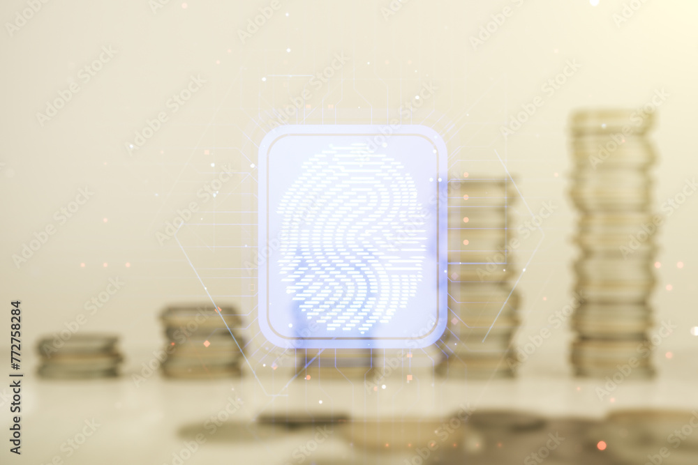 Poster abstract virtual fingerprint hologram on stacks of coins background. multiexposure