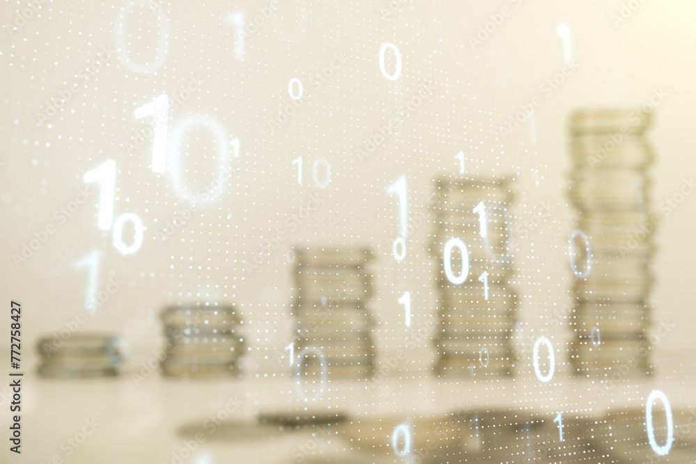 Poster abstract virtual binary code sketch on growing coins stacks background, hacking and matrix concept. 
