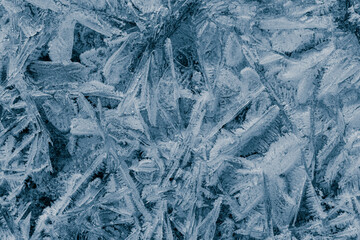 Hoary frost ice texture. Crystals in blue tone background. Cold frosty surface of ice. - 772758404