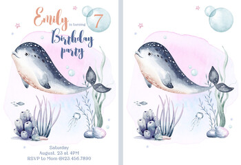Birthday card and baby shower invitation under the sea theme background template Blue watercolor ocean fish, turtle, whale and coral. Shell aquarium Nautical dolphin marine illustration, jellyfish