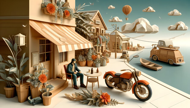 Abstract 3D art combining origami papercraft, depicting a quiet, plant-rich seaside town and a vintage orange motorcycle with a large brown backpack parked by a coffee shop