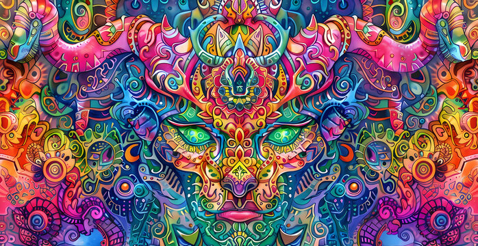 a psychedelic fractal pattern of Maya, Aztec and Inca culture patterns of animals, faces and shapes, full color highres