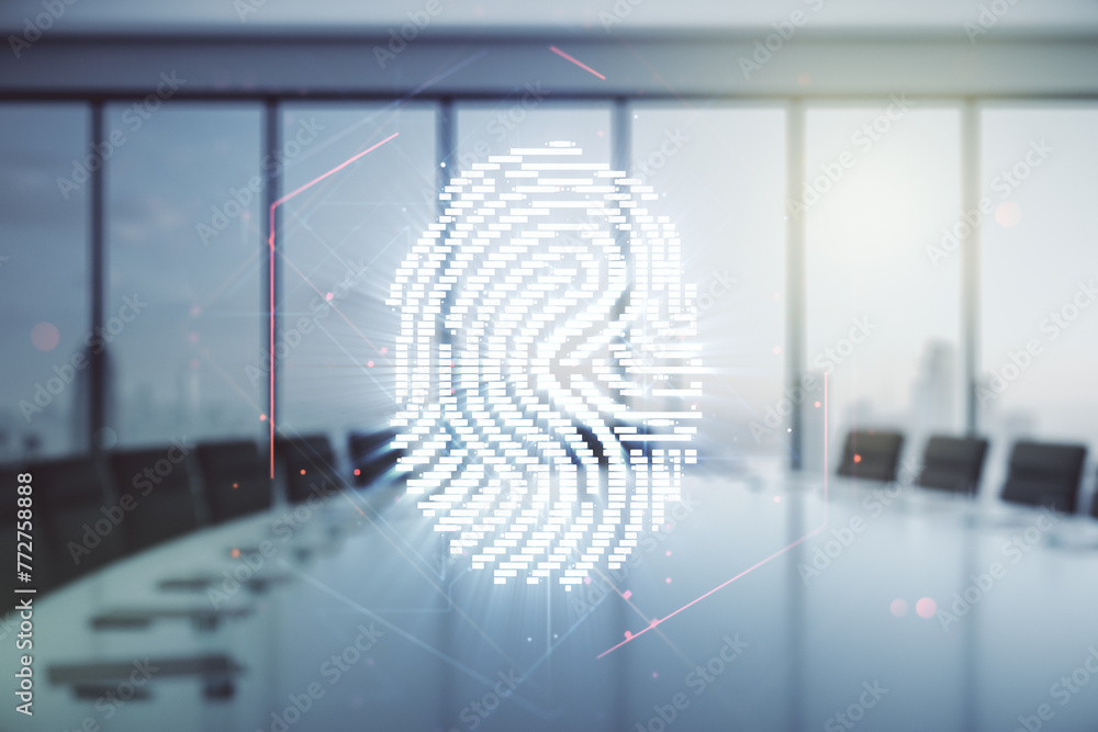 Poster Multi exposure of virtual creative fingerprint hologram on a modern meeting room background, personal biometric data concept