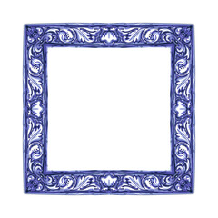 Vector decorative pattern in navy Blue and White design with frame or border. Baroque Vector mosaic.  - 772759065