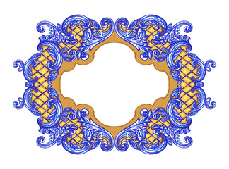 Vector decorative pattern in navy Blue and White design with frame or border. Baroque Vector mosaic.  - 772759076