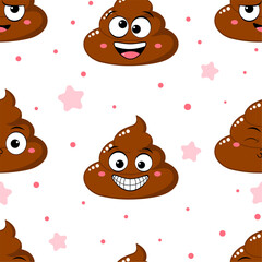 Seamless pattern with cute funny poop with different mood. Pattern with cartoon poo emoji faces. Endless texture can be used for textile pattern fills, t-shirt design, web page background. Vector EPS8
