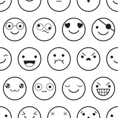 Seamless monochrome black and white pattern with emoticons. Emoji faces in different expression. Endless texture can be used for textile pattern fills, t-shirt design, web page background. Vector EPS8