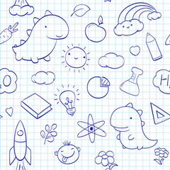 Back to school. Seamless pattern with cute hand drawn sketches. Endless pattern with funny sketch on notebook page. Endless texture can be used for textile pattern fills, t-shirt design. Vector EPS8