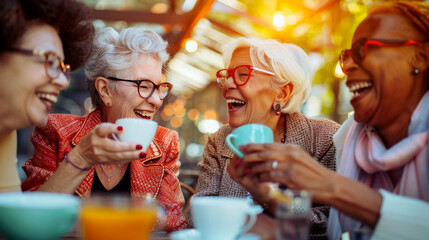 Friends group of mature old women happy to pass time together and having fun