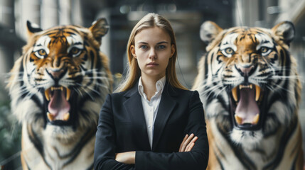 Portrait of a fierce businesswoman with two tigers , tigress business woman - obrazy, fototapety, plakaty