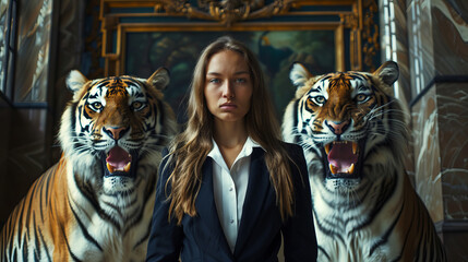 Portrait of a fierce businesswoman with two tigers , tigress business woman - obrazy, fototapety, plakaty