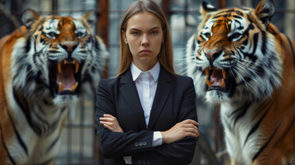 Portrait of a fierce businesswoman with two tigers , tigress business woman