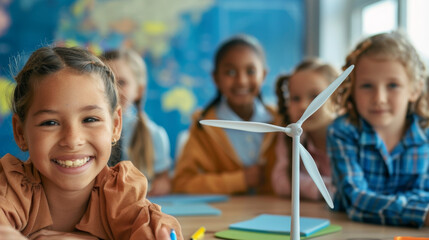 Kids at school learning about renewable energy , young girl studying wind turbine in a class to understand ecology and climate change