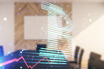 Double exposure of creative Bitcoin symbol hologram on a modern meeting room background. Cryptocurrency concept