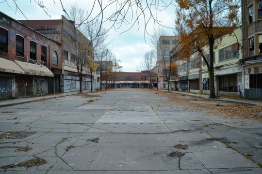 A vacant city square surrounded by abandoned storefronts, with empty sidewalks, cracked pavement, and the faded remnants of graffiti adorning the walls of deserted buildings, Generative AI