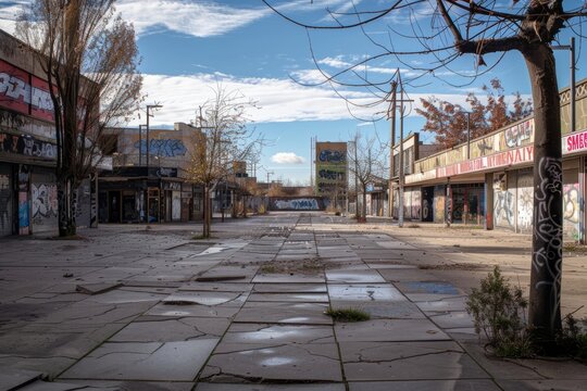 A vacant city square surrounded by abandoned storefronts, with empty sidewalks, cracked pavement, and the faded remnants of graffiti adorning the walls of deserted buildings, Generative AI
