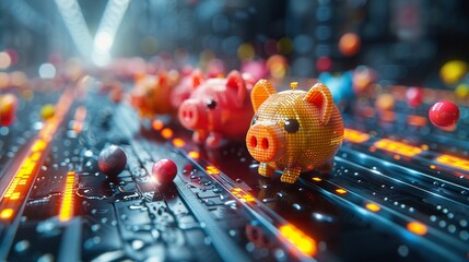 A vibrant 3D cartoon of a savings and investment race, with participants carrying piggy banks and racing on graphs and charts - obrazy, fototapety, plakaty