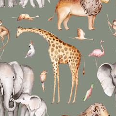 Wild animals watercolor seamless pattern with giraffe and elephant, monkey with cockatoo, parrot savannah with palm trees. Repeating background. - obrazy, fototapety, plakaty