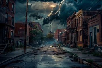 A vacant cityscape during a thunderstorm, with dark clouds looming overhead, flashes of lightning illuminating the empty streets, and the distant rumble of thunder echoing through the deserted alleys, - obrazy, fototapety, plakaty