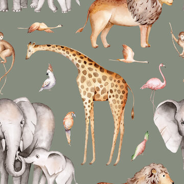 Wild animals watercolor seamless pattern with giraffe and elephant, monkey with cockatoo, parrot savannah with palm trees. Repeating background.