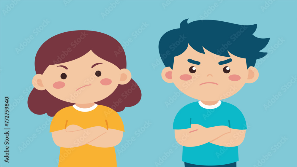 Poster a cartoon illustration of two siblings facing each other with their arms crossed and angry expressio
