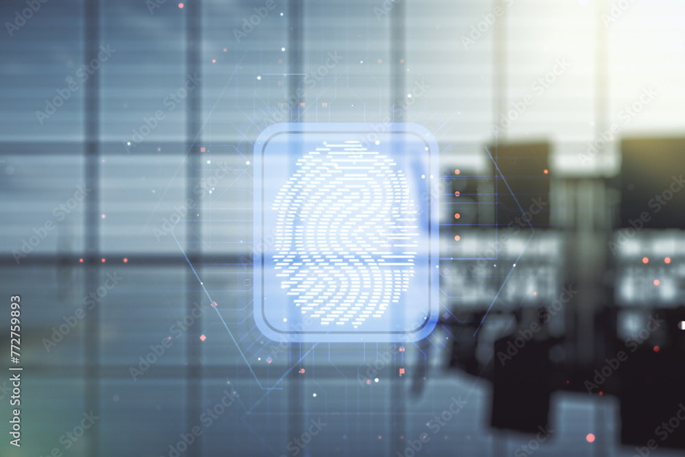 Fototapete multi exposure of virtual graphic fingerprint sketch on a modern furnished classroom background, fin