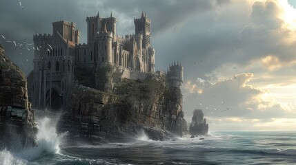 A historic medieval castle on a cliff, ocean waves crashing below, dramatic sky, knights and horses, period architecture. Resplendent. - obrazy, fototapety, plakaty